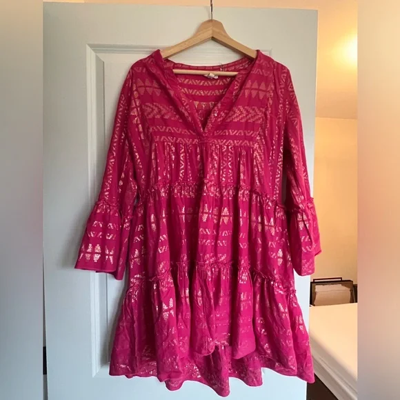 Elan Hot Pink Tiered Mini Dress with Metallic Accents - Picture 2 of 7